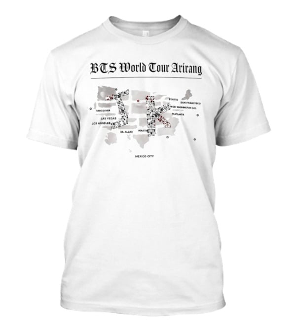BTS World Tour Arirang JK 2026 Map Featuring Stanford Los Angeles Hollywood Dallas Chicago Miami T-Shirt