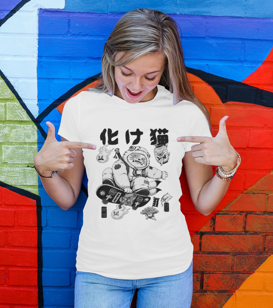 Bakeneko Gang Skateboarding Cat Demon Kanji T-Shirt