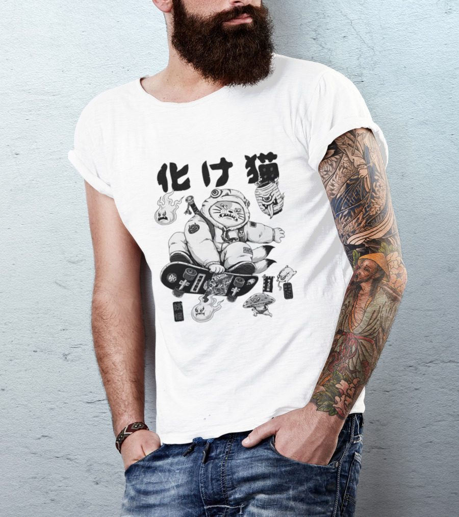 Bakeneko Gang Skateboarding Cat Demon Kanji T-Shirt