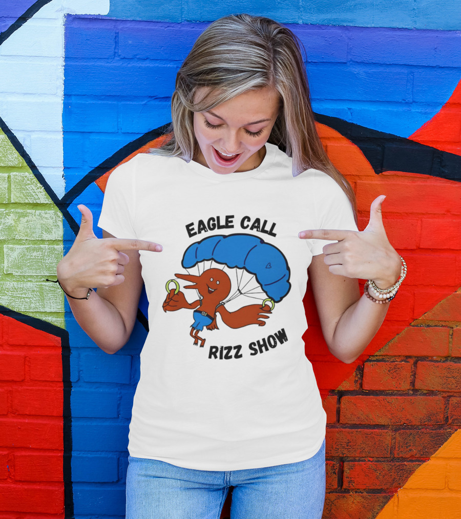 Eagle Call Rizz Show Parachuting Bird Character With Blue Canopy T-Shirt