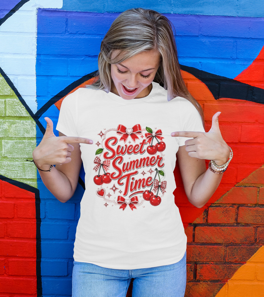 Sweet Summer Time Cherry Pearl Ribbon Hearts Bows T-Shirt