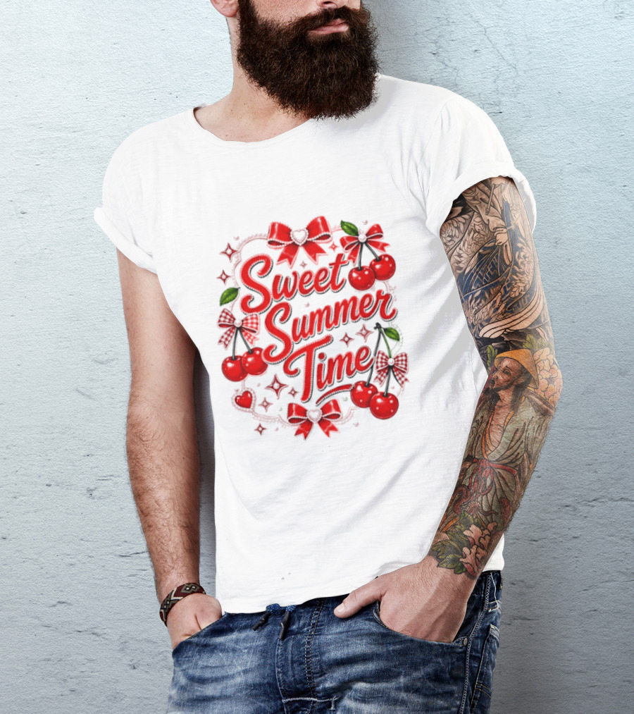 Sweet Summer Time Cherry Pearl Ribbon Hearts Bows T-Shirt