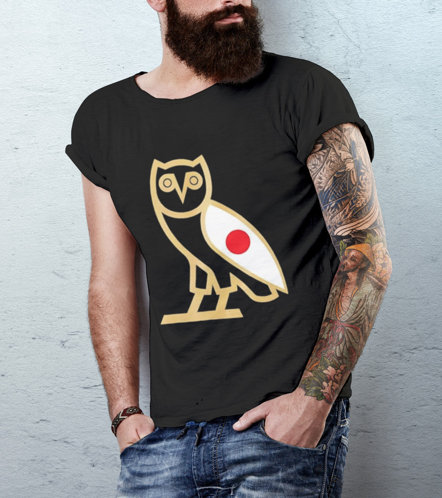 OVO Owl Japan Flag Icon Gold Outline And Red Circle Motif T-Shirt