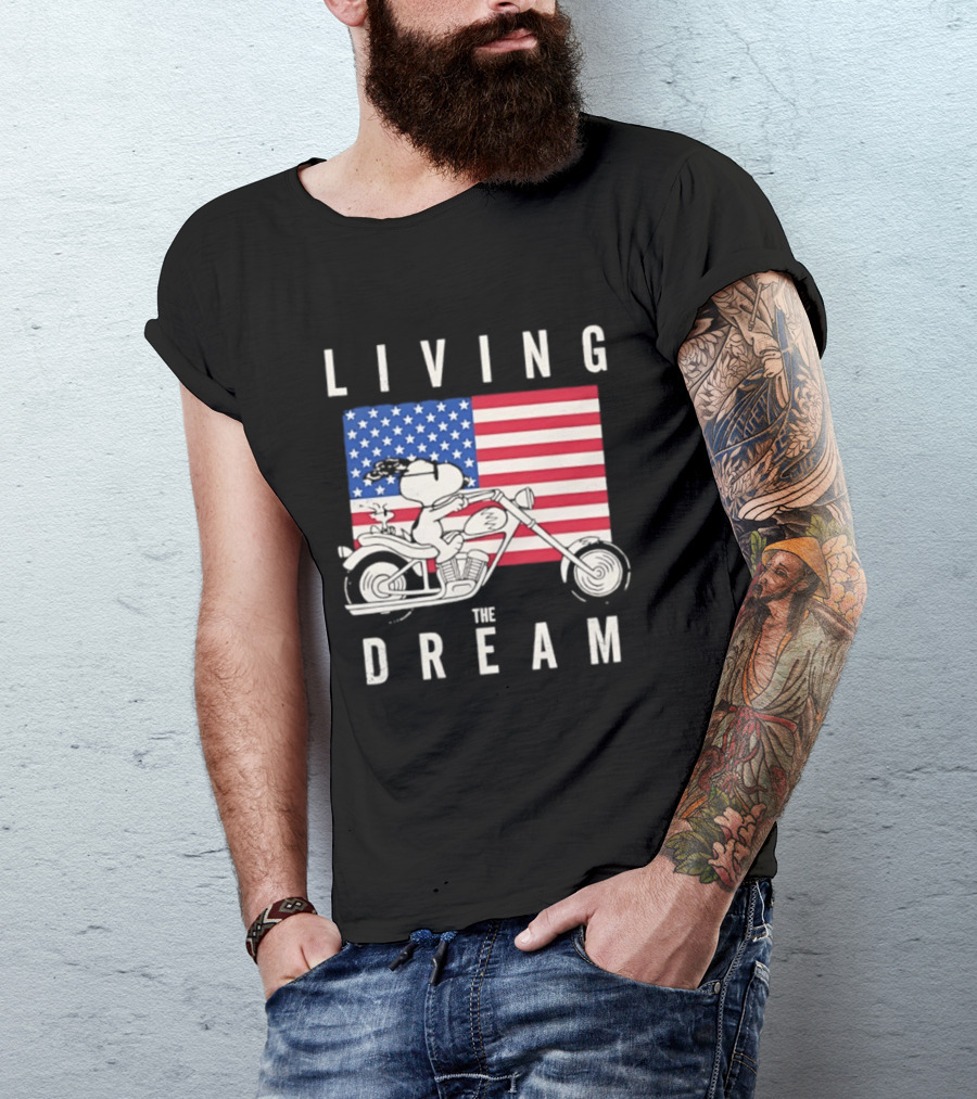 Living The Dream Snoopy Woodstock Motorcycle American Flag Peanuts T-Shirt