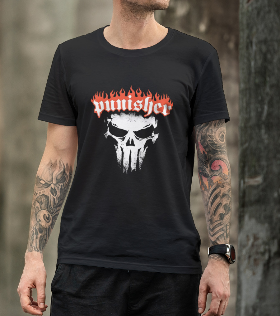 Punisher Skull Flame Graphic With Fiery T-Shirt