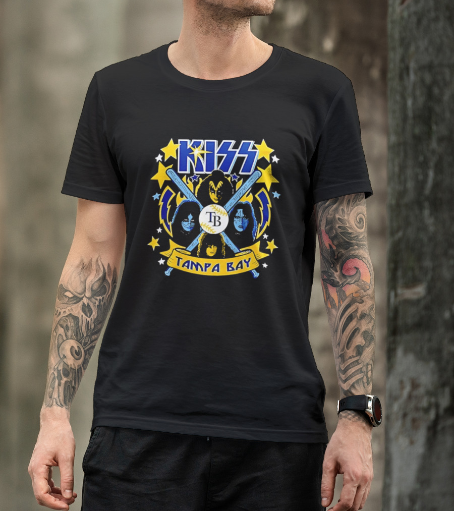 KISS Tampa Bay Baseball Bats Stars Lightning Blue Yellow T-Shirt