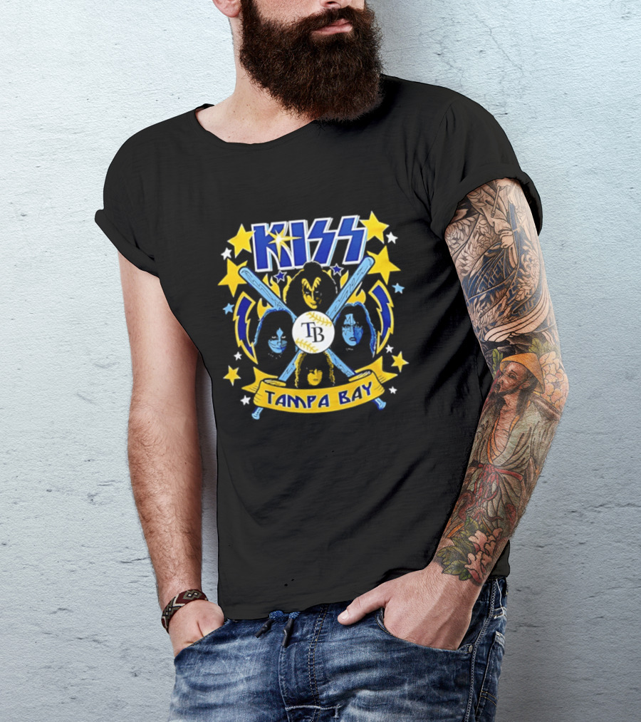 KISS Tampa Bay Baseball Bats Stars Lightning Blue Yellow T-Shirt