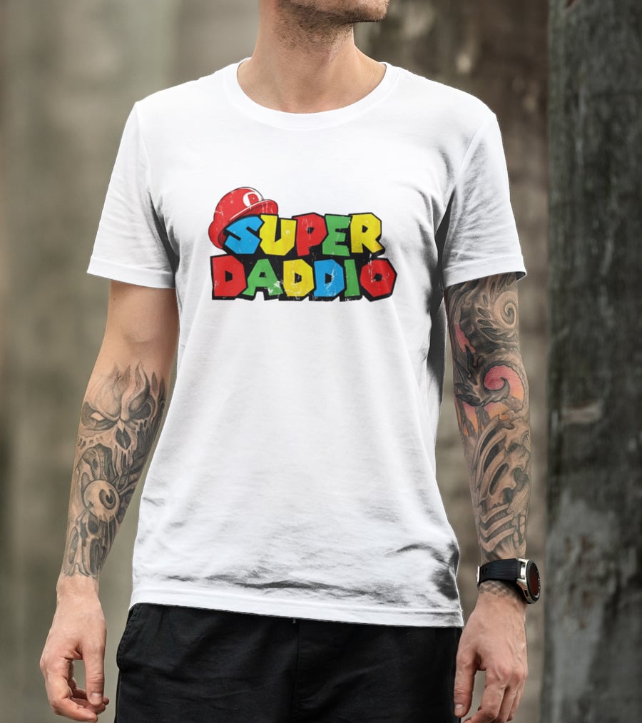 Super Daddio Mario Cartoon Colorful Text With Red Hat T-Shirt