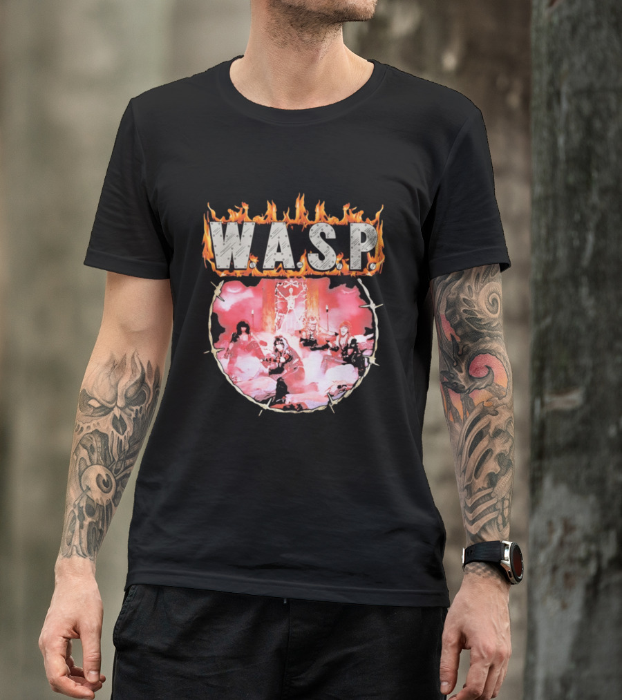 W.A.S.P. Band Fire With Group Photo And Flaming T-Shirt