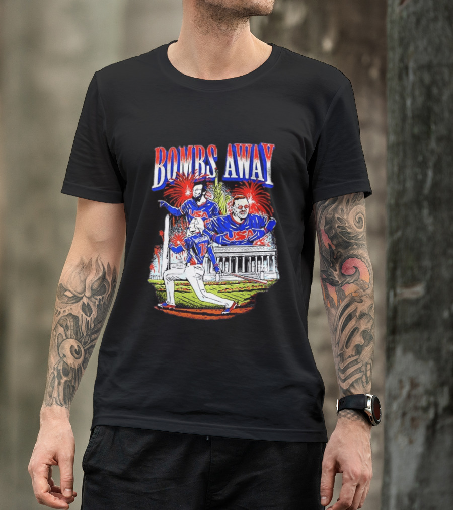Bombs Away USA Firework Celebration And Baseball Scene T-Shirt