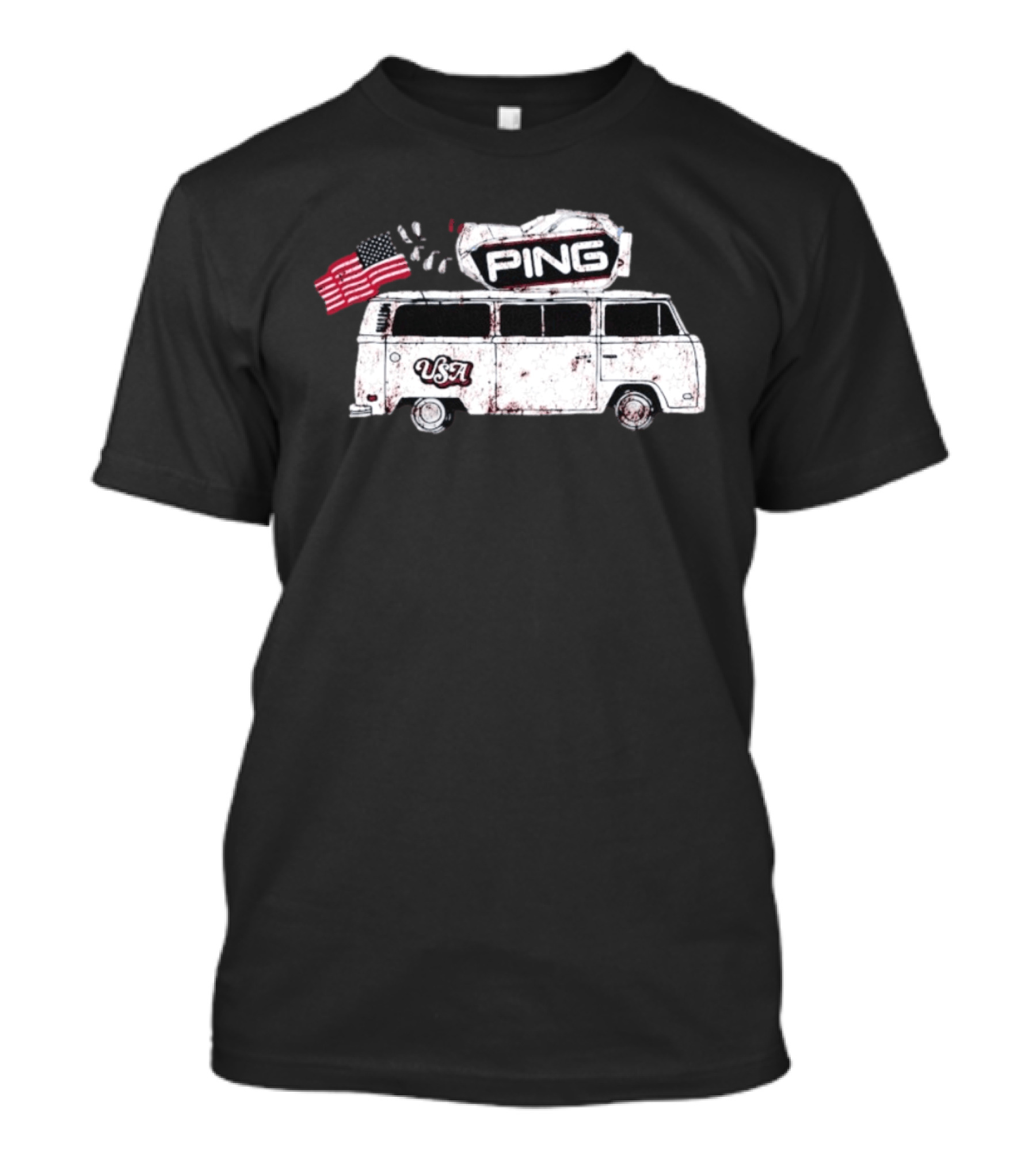 Ping USA Vintage Bus With American Flag And Surfboard T-Shirt