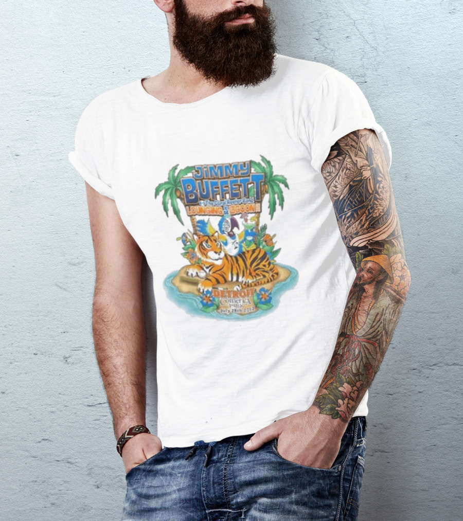 Jimmy Buffett The Coral Reefer Band Lounging At The Lagoon Detroit Comerica Park July 28th 2012 Tiger Palm Trees T-Shirt