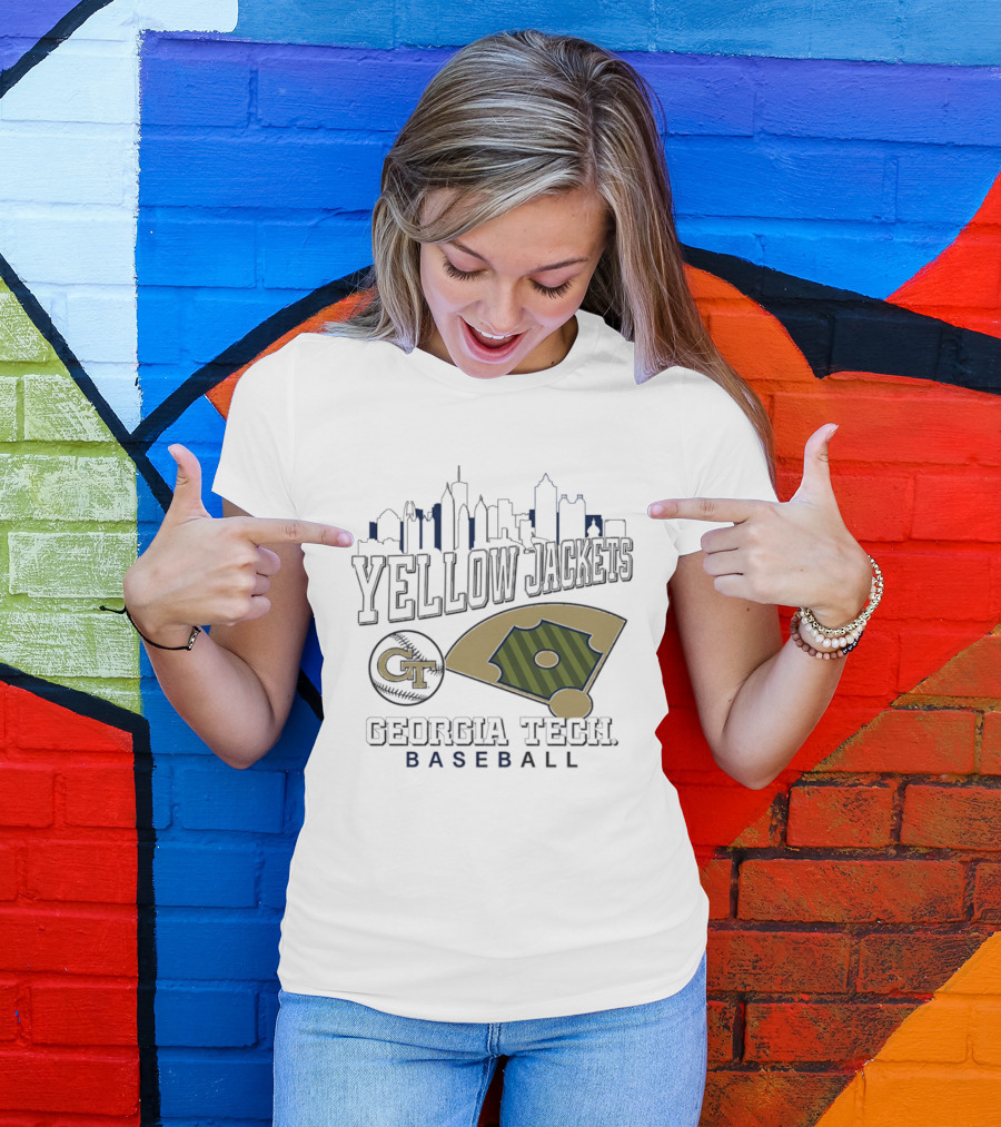 Georgia Tech Yellow Jackets Baseball City Skyline With GT Emblem And Field T-Shirt