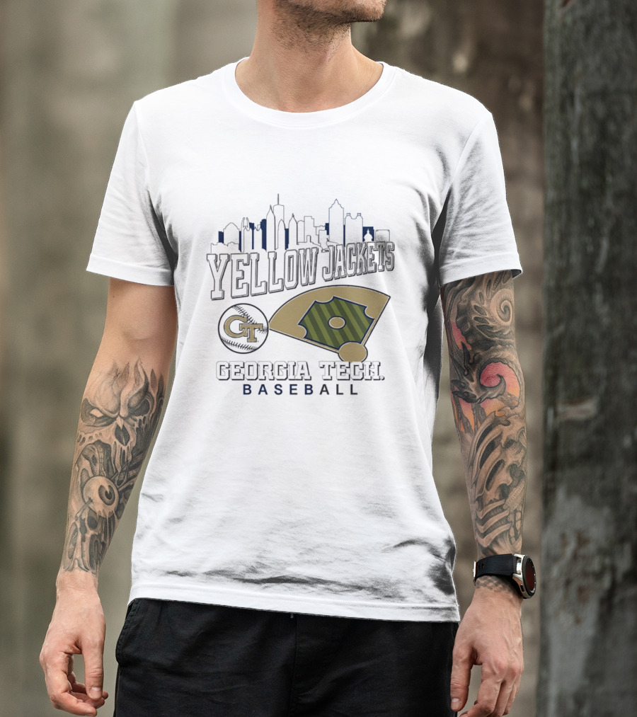 Georgia Tech Yellow Jackets Baseball City Skyline With GT Emblem And Field T-Shirt
