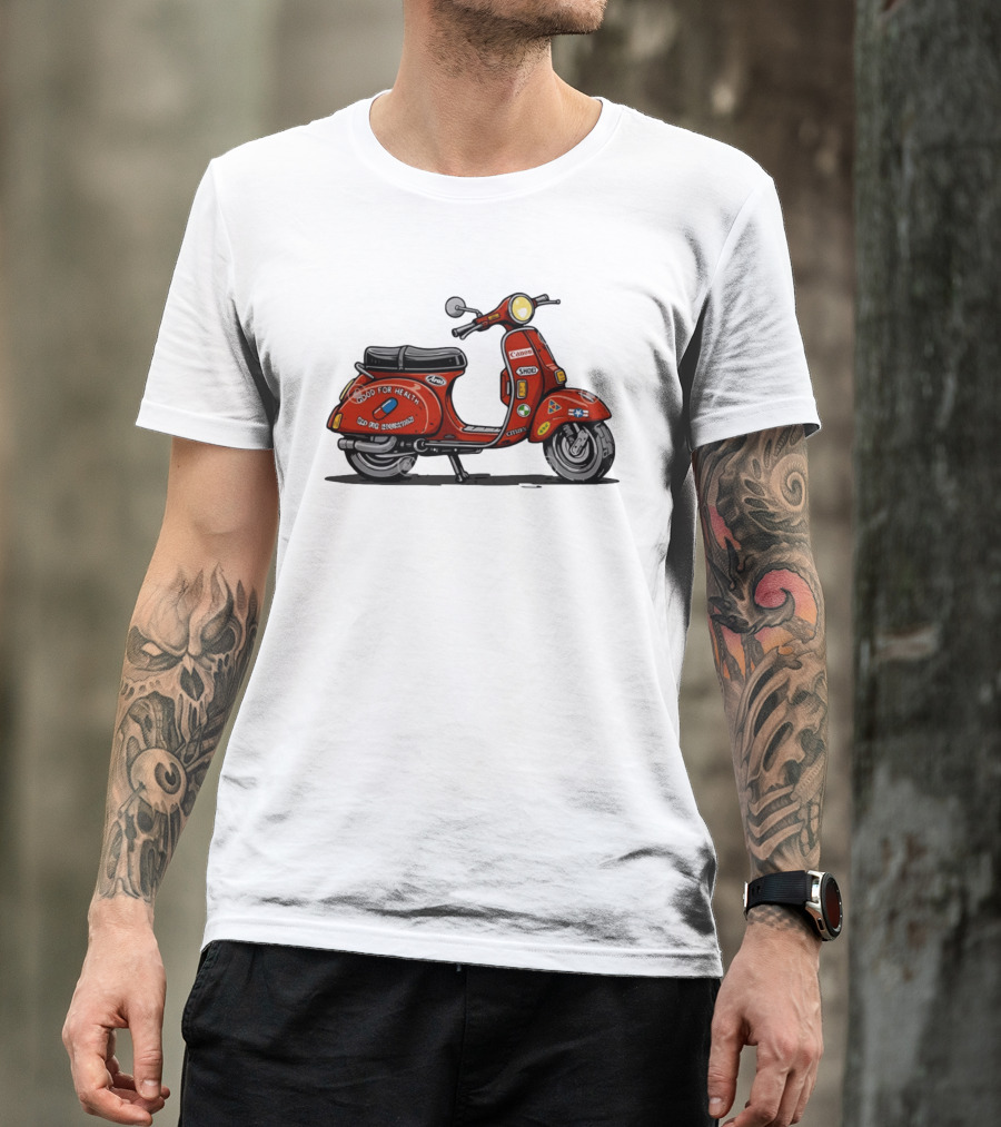 Kaneda's Vespa With Good For Health Sticker Citizen And Canon Shoei Arai Logos T-Shirt
