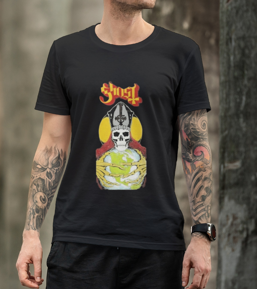Ghost Skeleton Bishop Holding Earth Iconic Twisted Thread Ceremony T-Shirt