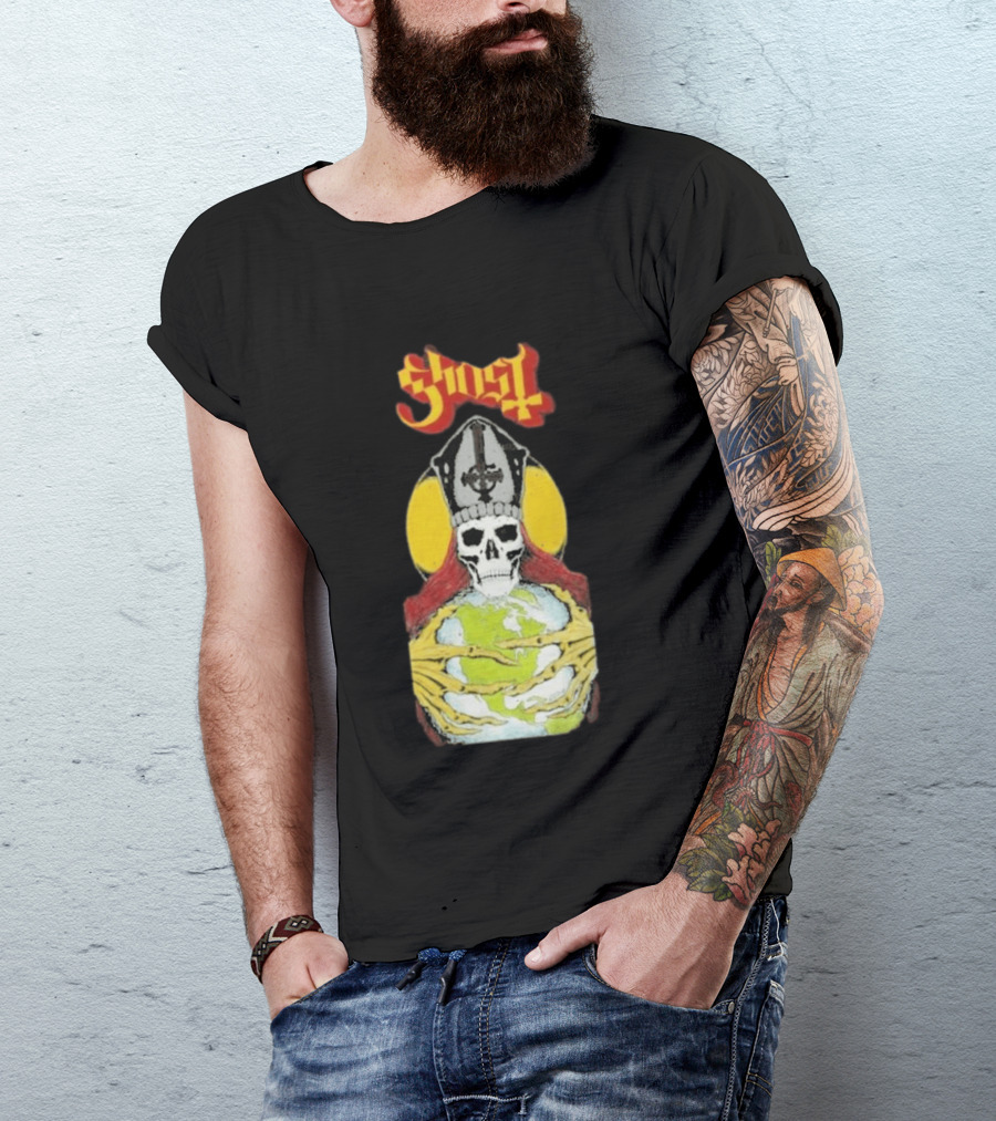 Ghost Skeleton Bishop Holding Earth Iconic Twisted Thread Ceremony T-Shirt
