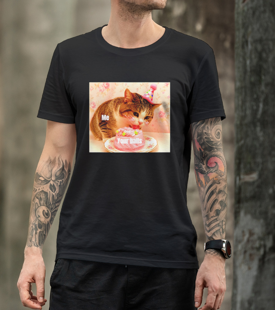 Me Your Balls Cat Eating Cake Party Hat T-Shirt