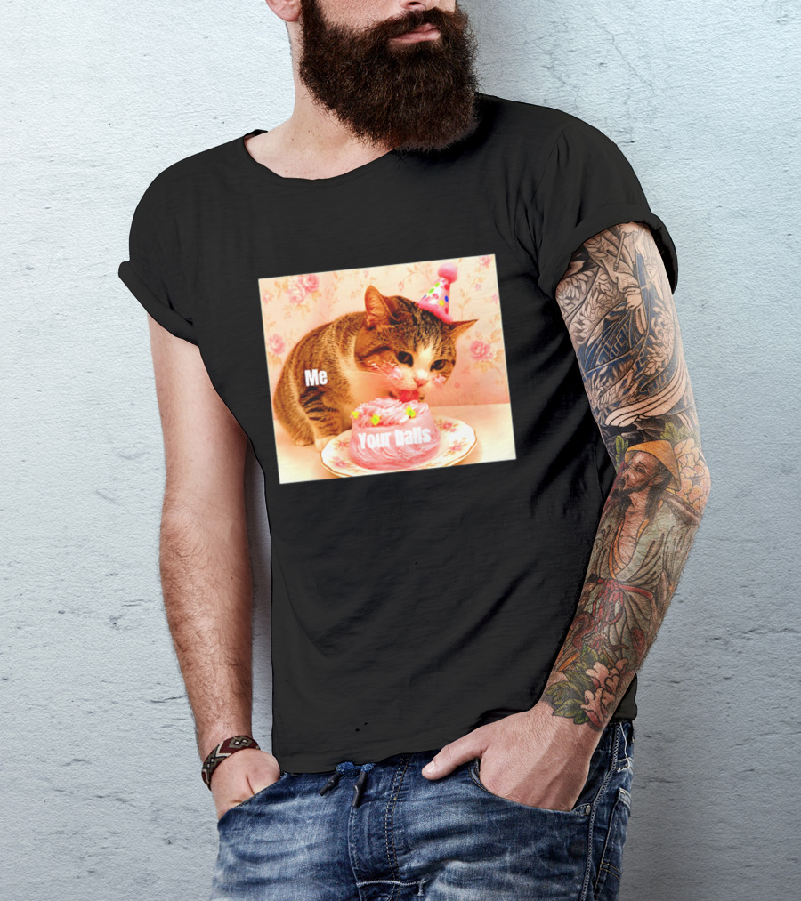 Me Your Balls Cat Eating Cake Party Hat T-Shirt