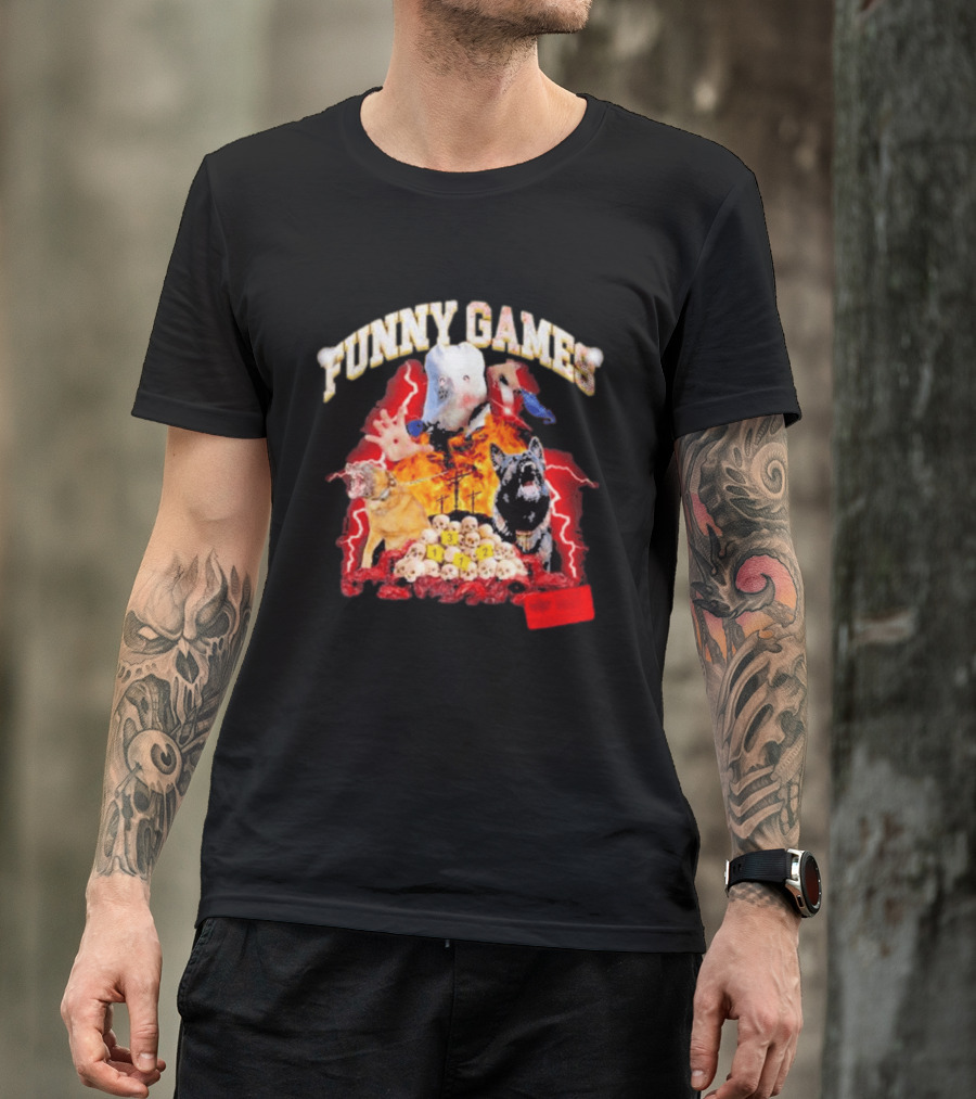 Funny Games Dog Skull Pile Fire Chaos T-Shirt