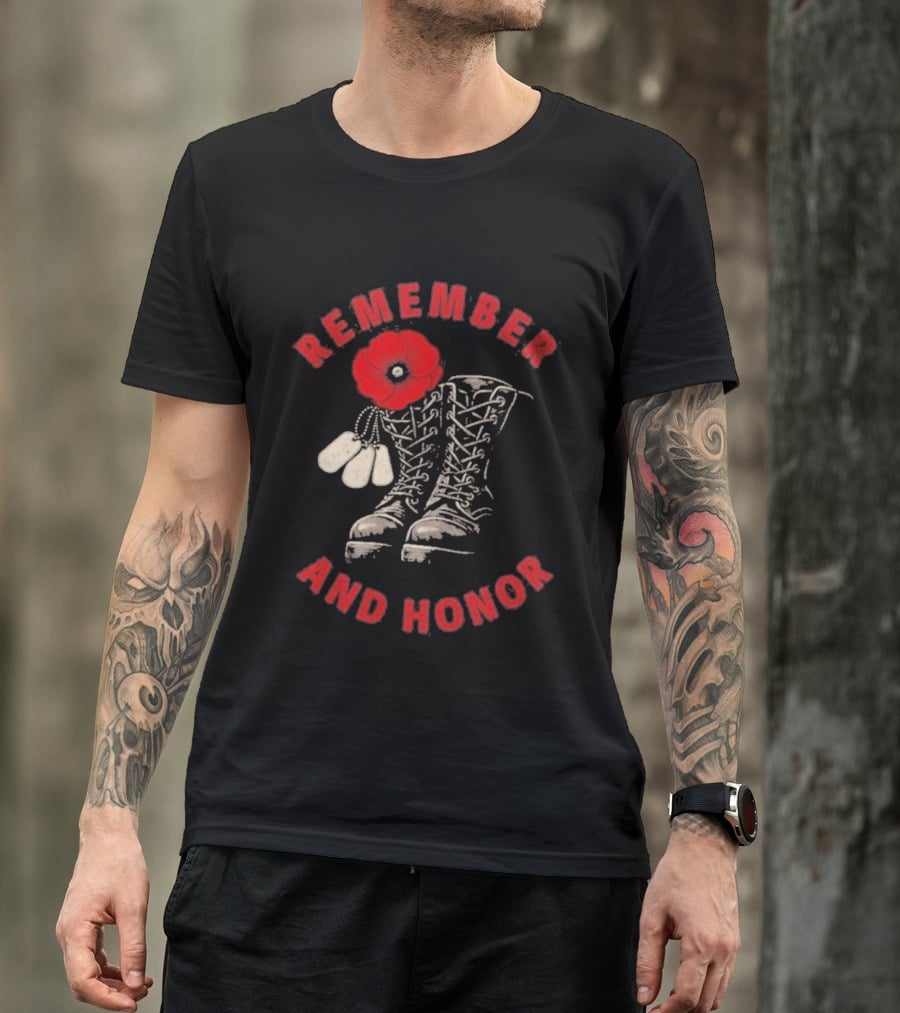 Memorial Day Remember And Honor Poppy Flower Military Boots T-Shirt