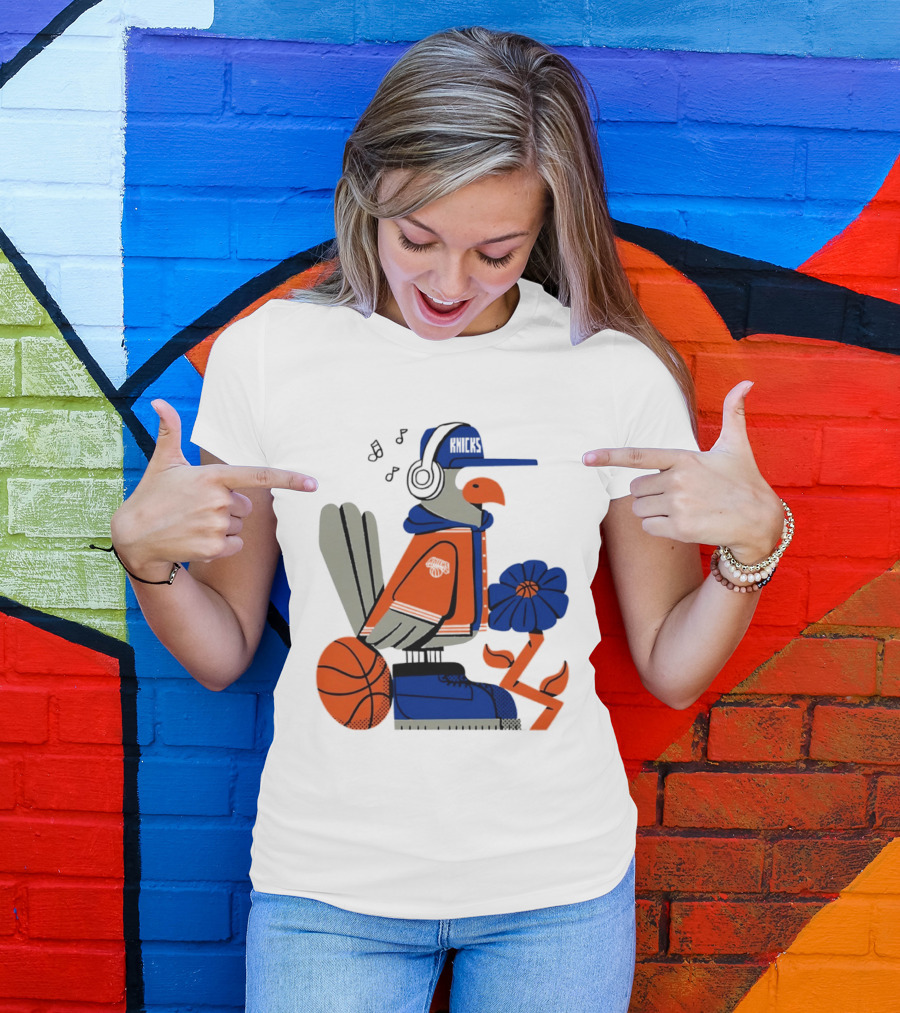 New York Knicks Bird Cap Headphones Basketball Flower T-Shirt