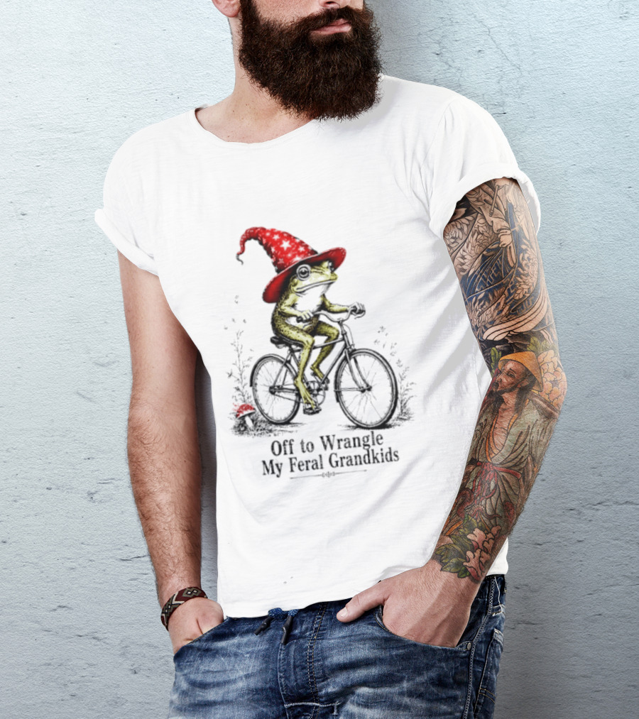 Off To Wrangle My Feral Grandkids Wizard Frog On Bicycle With Red Hat T-Shirt