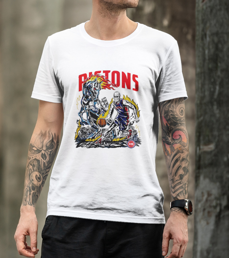 Detroit Pistons Skull Basketball Horse Flames Robot T-Shirt