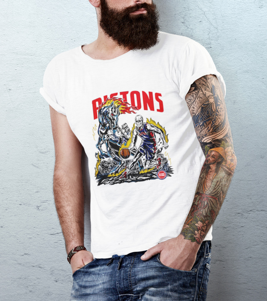 Detroit Pistons Skull Basketball Horse Flames Robot T-Shirt