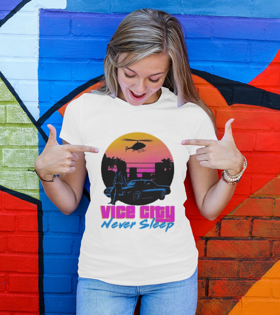 Vice City Never Sleep 80s Sunset Car Helicopter T-Shirt