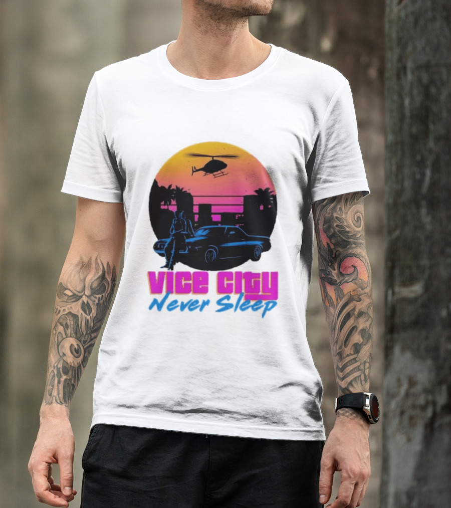 Vice City Never Sleep 80s Sunset Car Helicopter T-Shirt