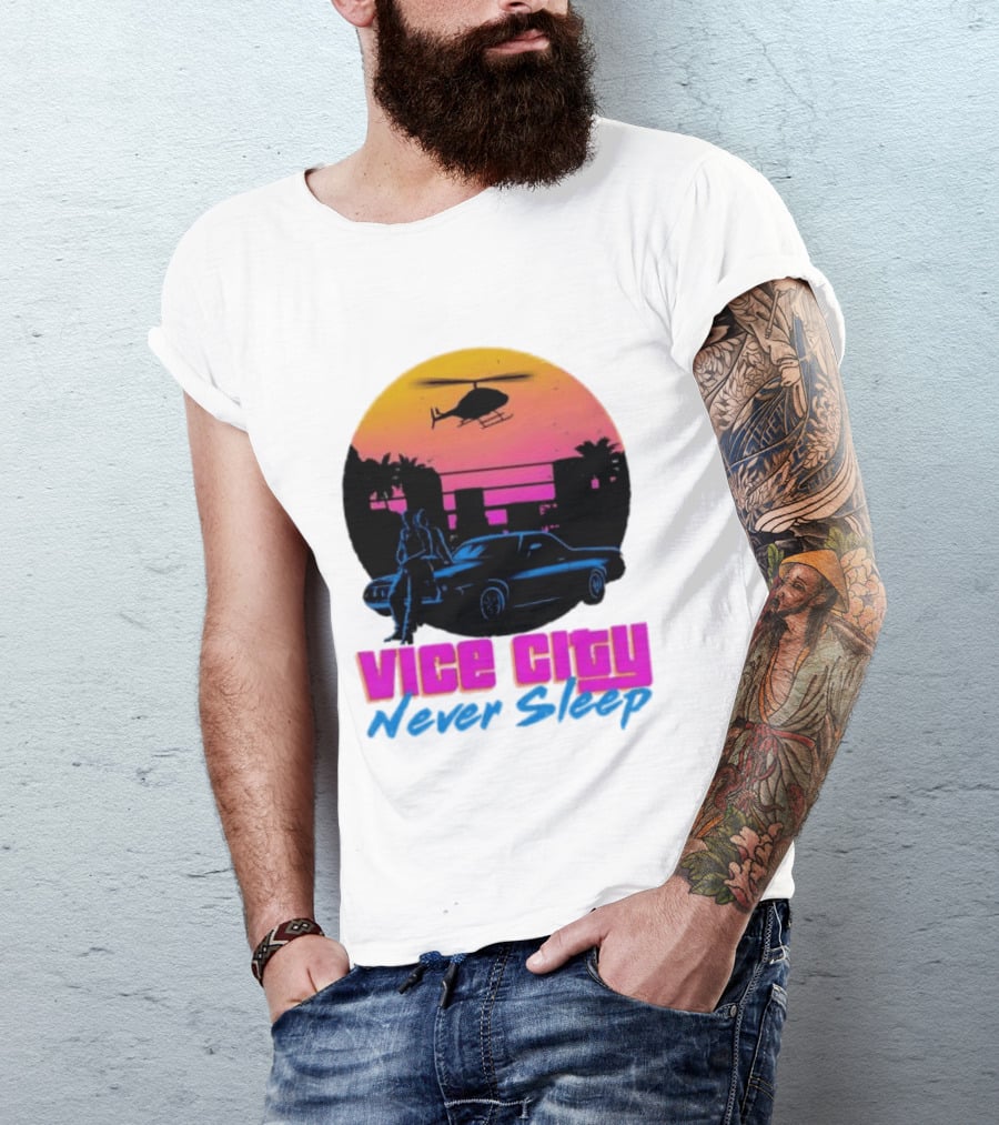 Vice City Never Sleep 80s Sunset Car Helicopter T-Shirt