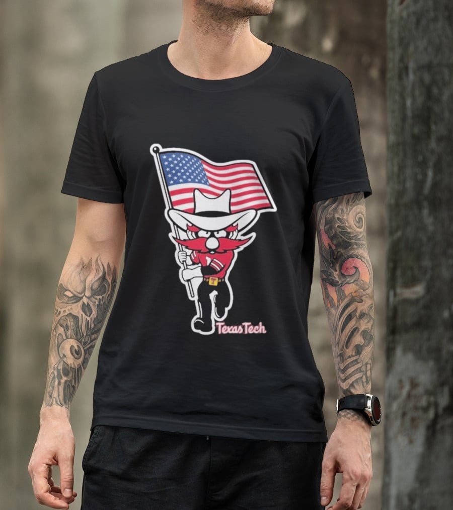 Texas Tech Red Raider Holding American Flag Sticker T-Shirt