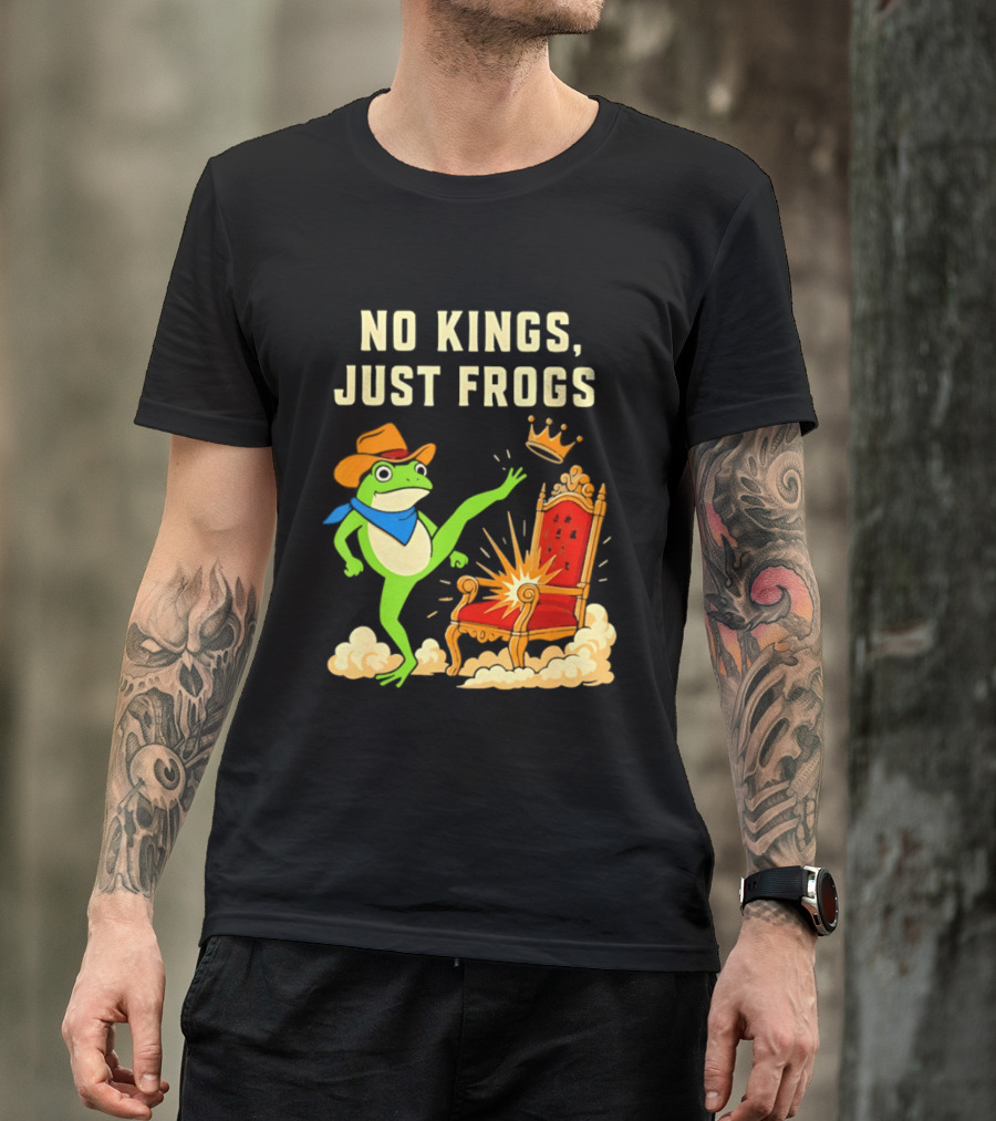 No Kings Just Frogs Portland Cowboy Frog Kicking Crown From Throne T-Shirt