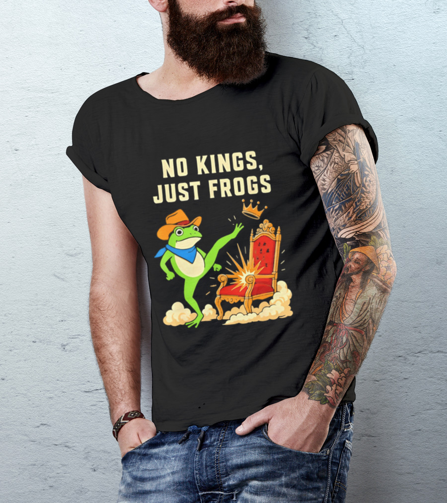 No Kings Just Frogs Portland Cowboy Frog Kicking Crown From Throne T-Shirt