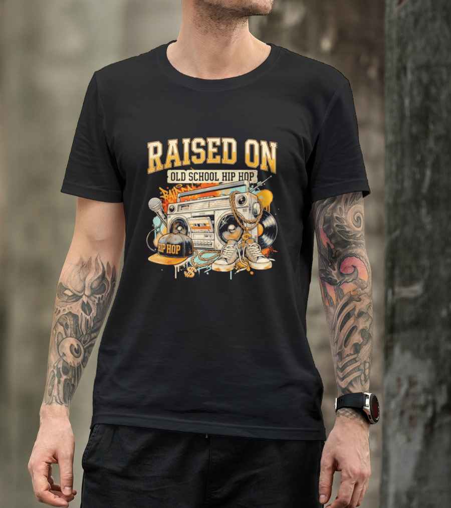 Raised On Old School Hip Hop Boombox Sneakers Microphone Cap Vinyl T-Shirt