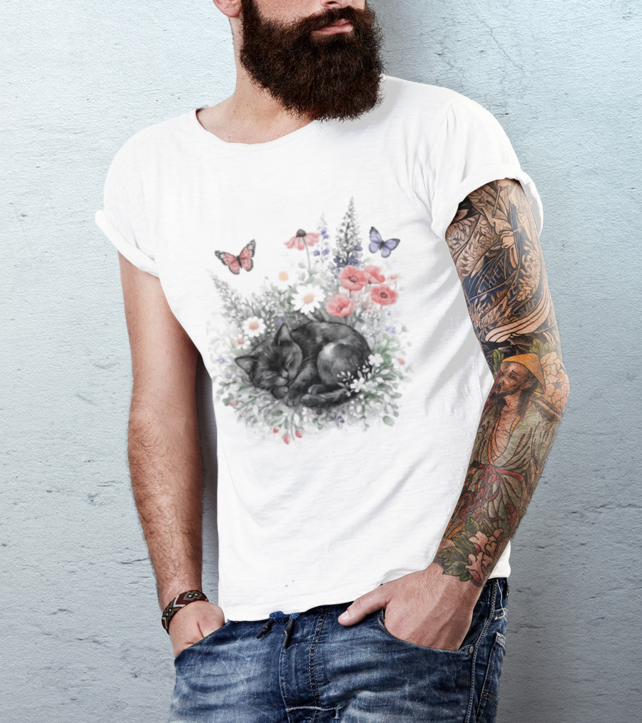 Black Cat Surrounded By Vibrant Flowers And Butterflies T-Shirt