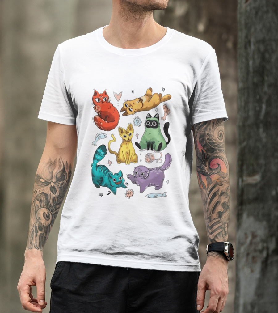 Whimsical Colorful Cats And Rainbow Hearts Collage T-Shirt