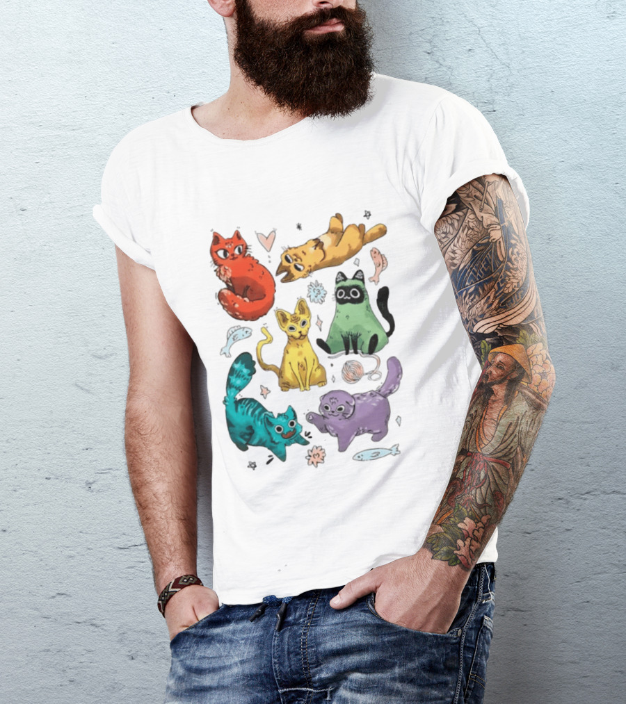 Whimsical Colorful Cats And Rainbow Hearts Collage T-Shirt