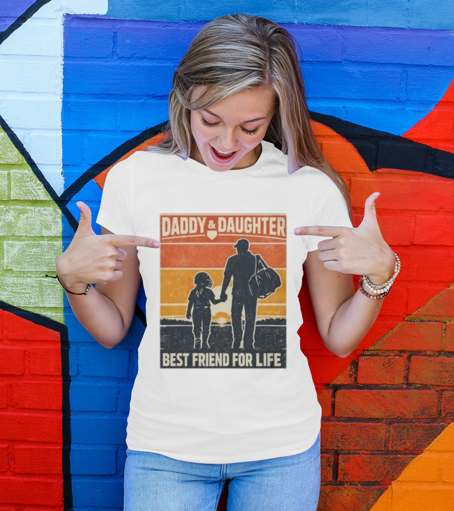 Daddy & Daughter Best Friend For Life Baseball Softball Silhouette Retro Sunset T-Shirt