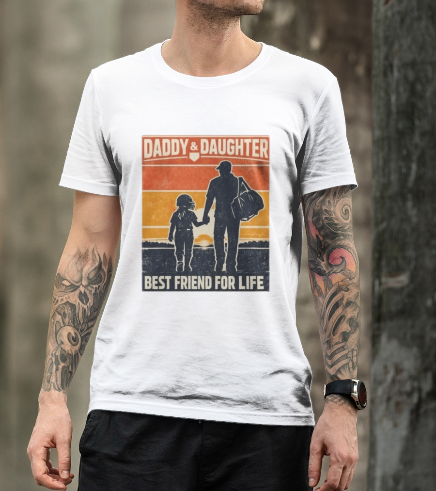 Daddy & Daughter Best Friend For Life Baseball Softball Silhouette Retro Sunset T-Shirt