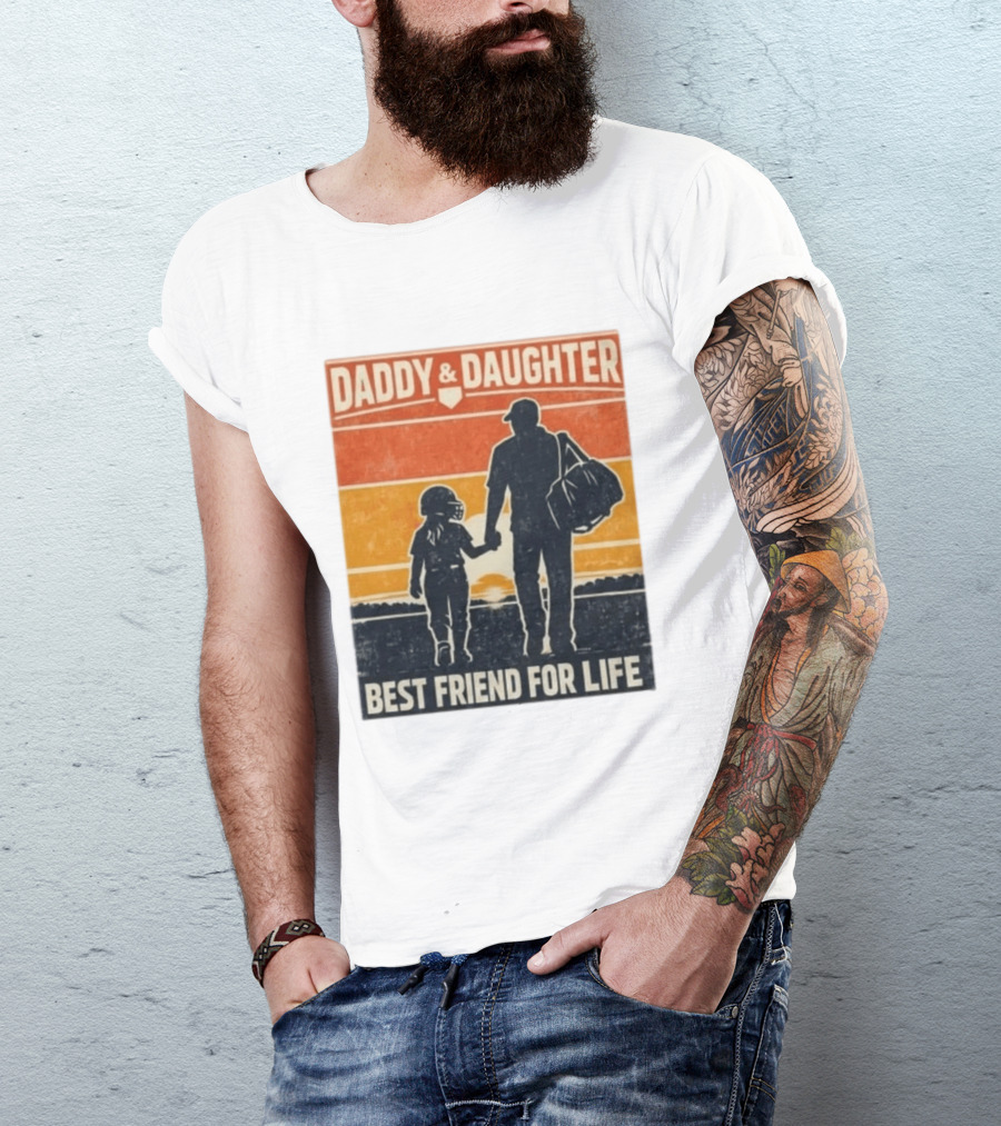 Daddy & Daughter Best Friend For Life Baseball Softball Silhouette Retro Sunset T-Shirt