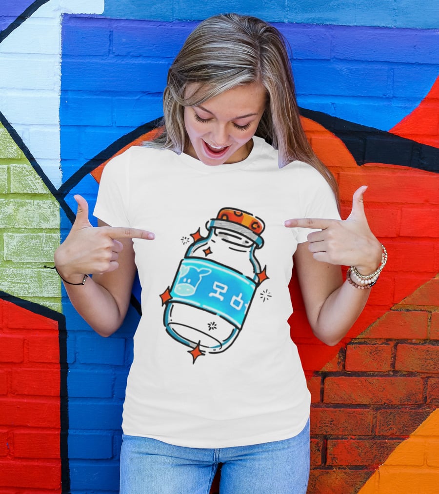 Fresh Milk Bottle With Blue Cow Label And Orange Cap T-Shirt
