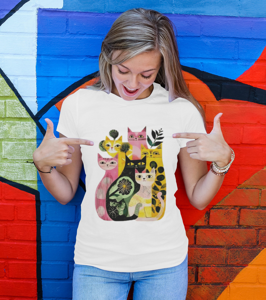 Vibrant Stylized Cats Botanical Foliage Whimsical T-Shirt