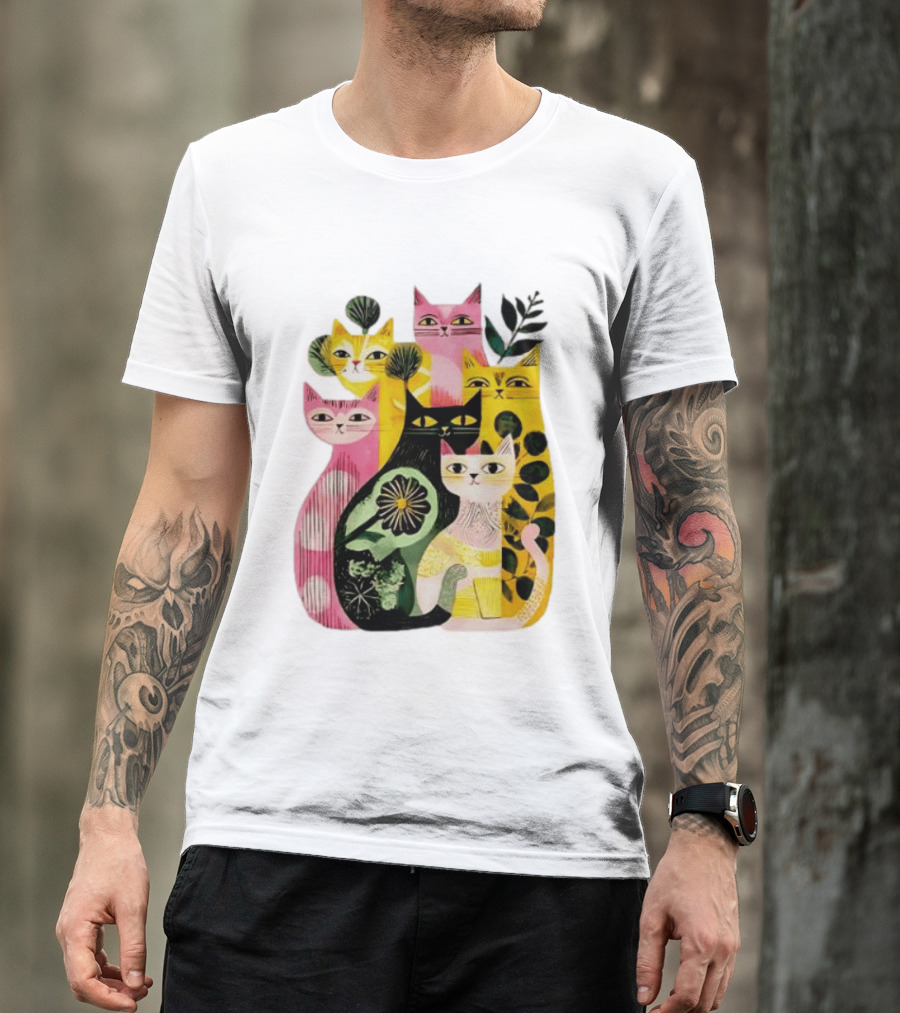 Vibrant Stylized Cats Botanical Foliage Whimsical T-Shirt