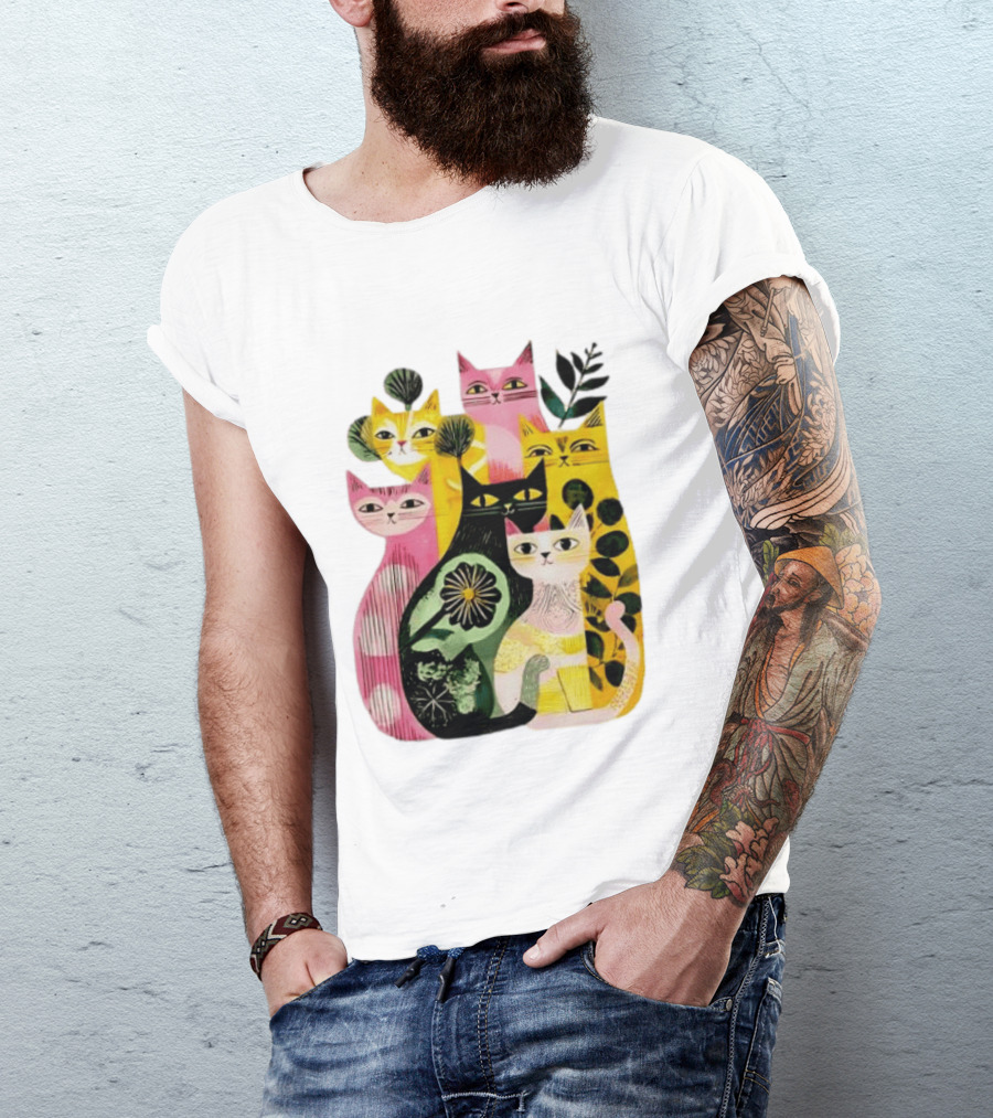 Vibrant Stylized Cats Botanical Foliage Whimsical T-Shirt