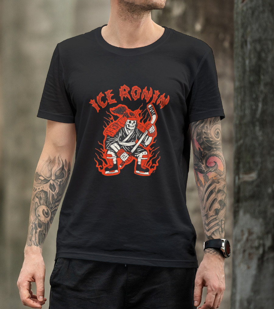 Ice Ronin Samurai Skull Hockey Stick Flames T-Shirt