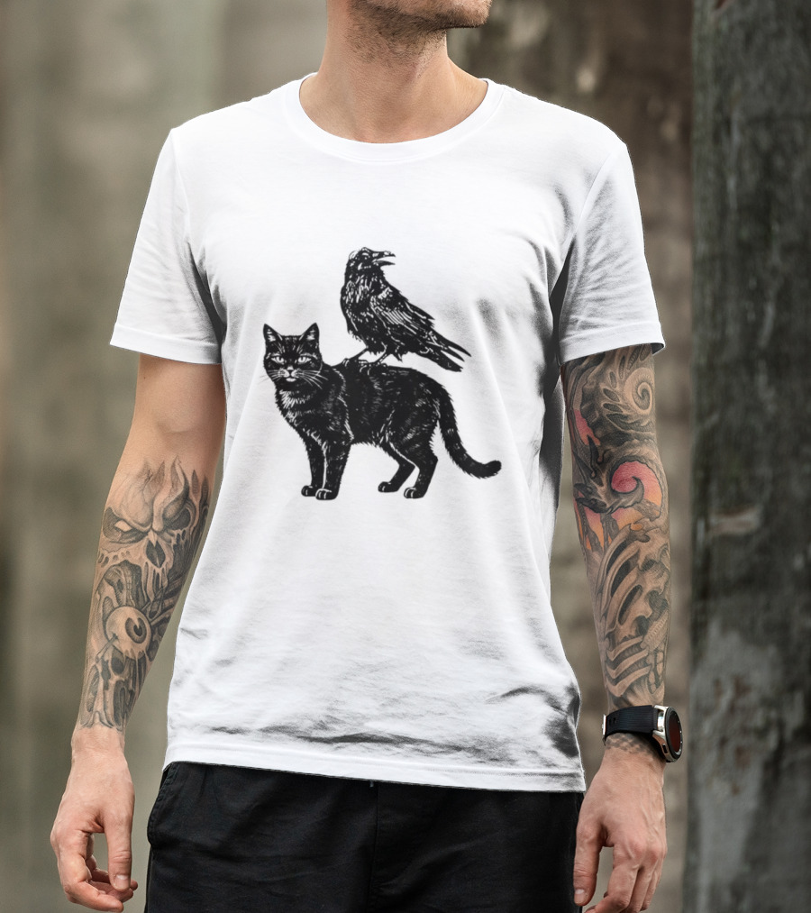 Black Cat And Raven Silhouette Duo T-Shirt
