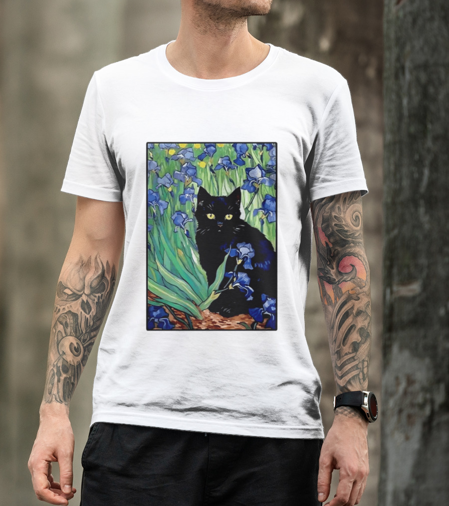 Black Cat With Van Gogh Irises Painting T-Shirt