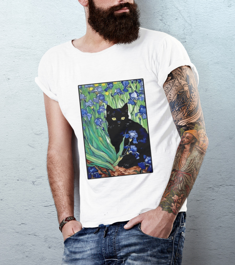 Black Cat With Van Gogh Irises Painting T-Shirt